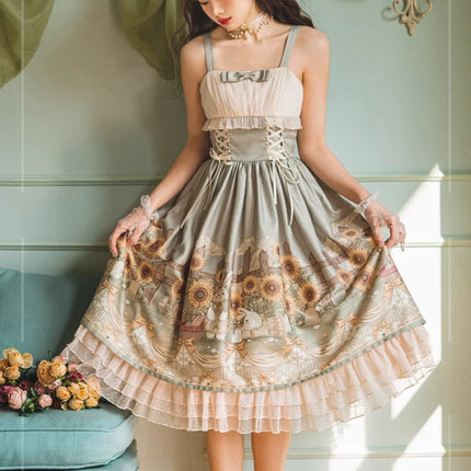 Vintage Floral Lolita Dress with Tulle Layers, Off - the - Shoulder Sleeves & Delicate Headpiece