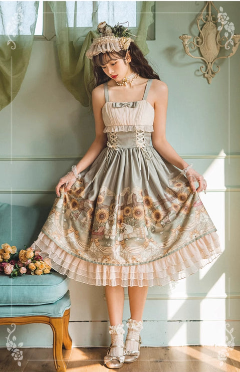 Vintage Floral Lolita Dress with Tulle Layers, Off - the - Shoulder Sleeves & Delicate Headpiece