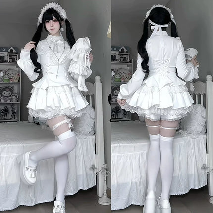 Gothic Lolita Dress with White Lace Collar, Long Sleeves and Lace - up Details