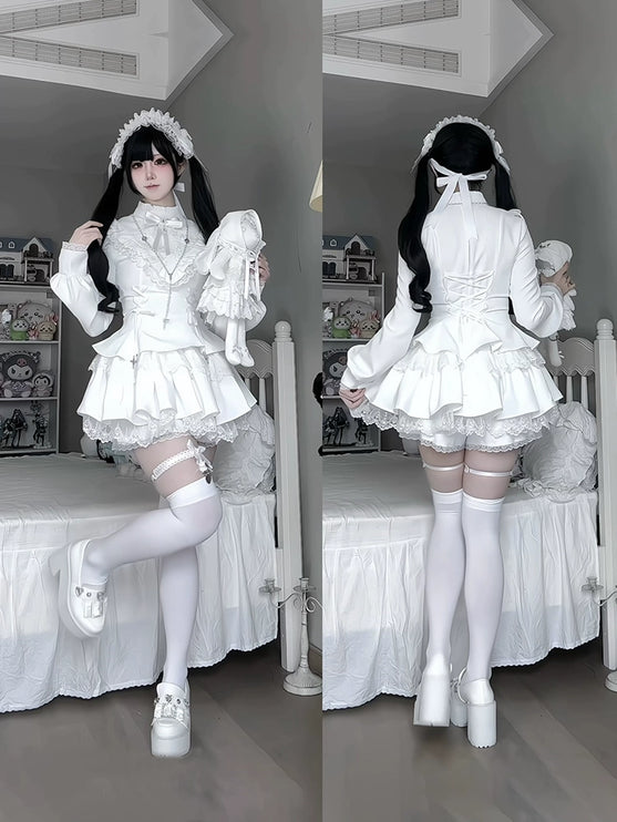 Gothic Lolita Dress with White Lace Collar, Long Sleeves and Lace - up Details