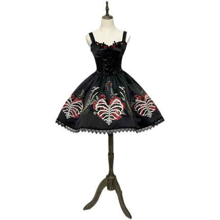 S-XL Skeleton Fishbone Skirt JSK Embroidered Beaded Dark Mysterious Dress Lolita Gown