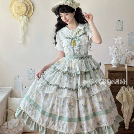 Pastel - hued Vintage - inspired Lolita Dress with Delicate Ruffles and Adorable Cartoon Prints