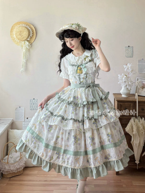 Pastel - hued Vintage - inspired Lolita Dress with Delicate Ruffles and Adorable Cartoon Prints