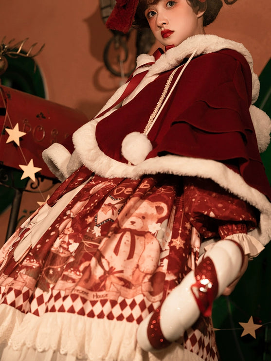 Original Christmas Lolita Dress with Thickened Winter Sweet Skirt and Cape Set for New Year