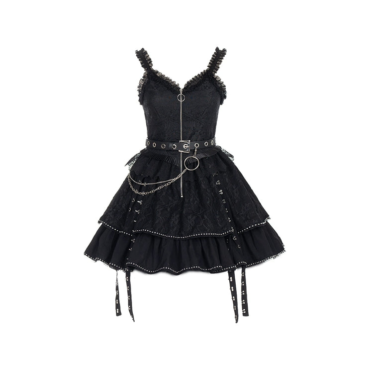 Original Punk Style JSK Corset Dress with Detachable Sleeves, Lace Trim, and Metal Chain Accents