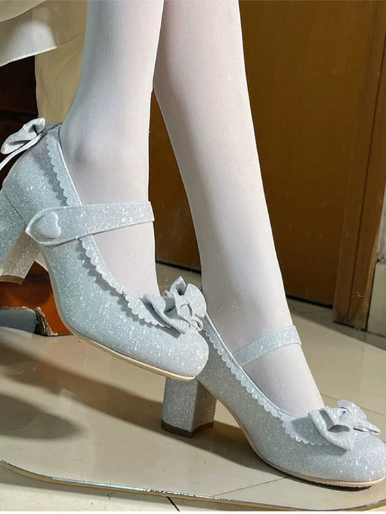 Charming Heeled Shoes with Heart - shaped Buckles and Delicate Bows