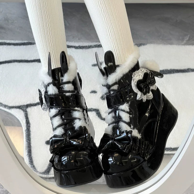 Furry - trimmed Lolita Boots with Bow - buckle and Thick Platform