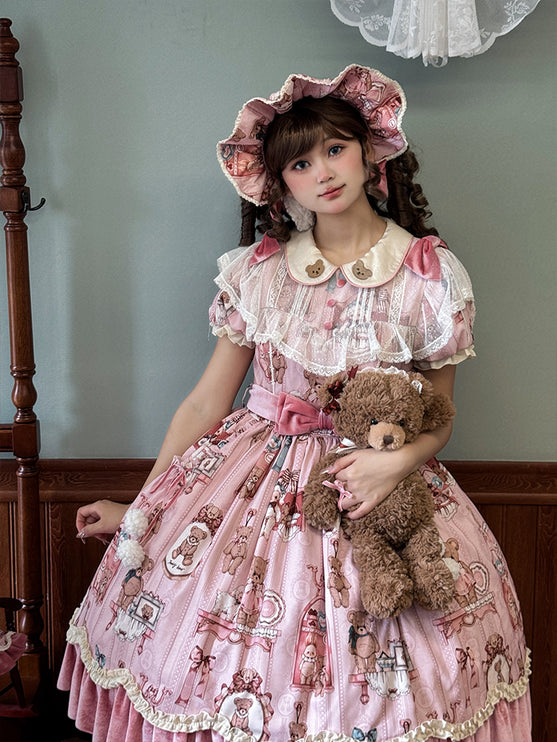 Teddy Bear Whimsy Lolita JSK Dress with Detachable Apron