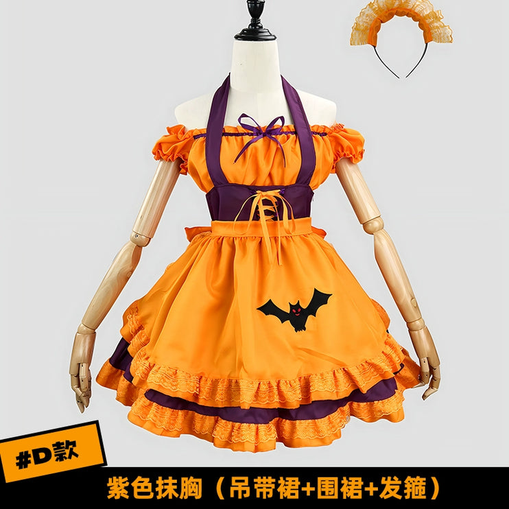 S-3XL Enchanting Halloween Lolita Maid Costume with Bat Applique and Ruffled Trim Skirt