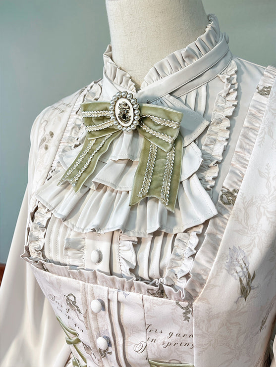 Whimsical Floral Lolita Dress – Tiered Skirt with Detachable Bows & Crisscross Ribbon Details