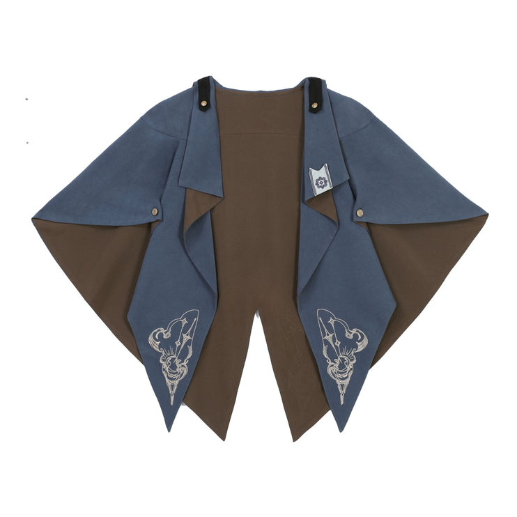 Gothic Knight-Inspired Midnight Silver-Embroidered Cloak Vest with Trousers Set