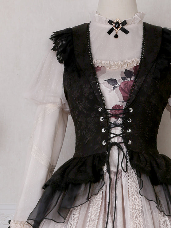 Gothic Butterfly Lolita Dress Set - High Collar Inner Layer with Lace Overlay and Waist-Cinching Vest