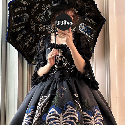 S-XL Skeleton Fishbone Skirt JSK Embroidered Beaded Dark Mysterious Dress Lolita Gown