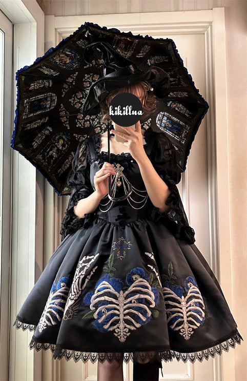 S-XL Skeleton Fishbone Skirt JSK Embroidered Beaded Dark Mysterious Dress Lolita Gown