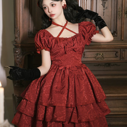 Thorn Rose Lolita Dress Short Sleeve OP Triple-Layer Puffy Skirt Red Lolita Dress