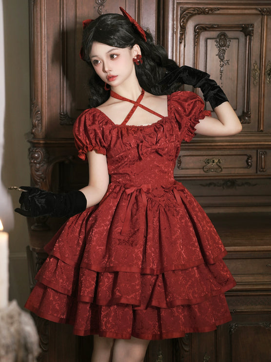 Thorn Rose Lolita Dress Short Sleeve OP Triple-Layer Puffy Skirt Red Lolita Dress