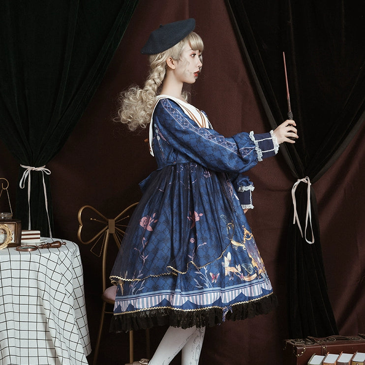 Lolita Tea Party Dress! Navy Collar Embroidered Bow Floral Jacquard Puffy Long Sleeve OP Dress