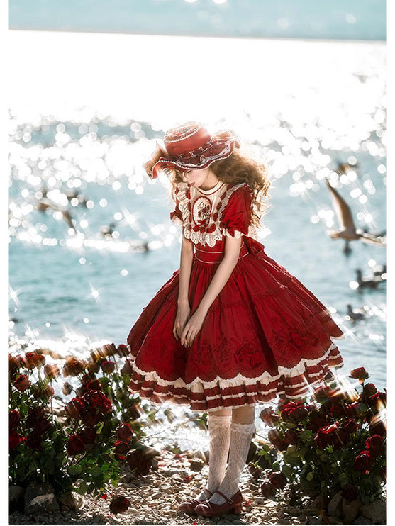 Elegant Country Style Red Lolita OP with Whimsical Embroidery and Ruffled Trims