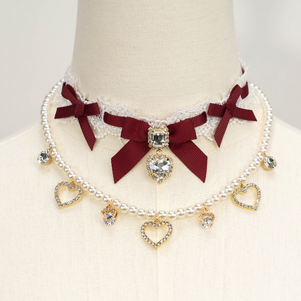 Edgy Punk Style Elaborate Double-Layer Necklace with Pearls and Gemstone Choker Lolita Collarbone Chain