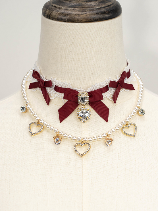 Edgy Punk Style Elaborate Double-Layer Necklace with Pearls and Gemstone Choker Lolita Collarbone Chain