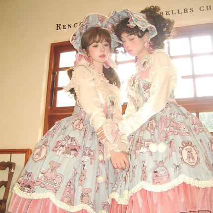 Enchanting Pastel Green Animal Illustration Lolita Jumper Skirt (JSK) Dress