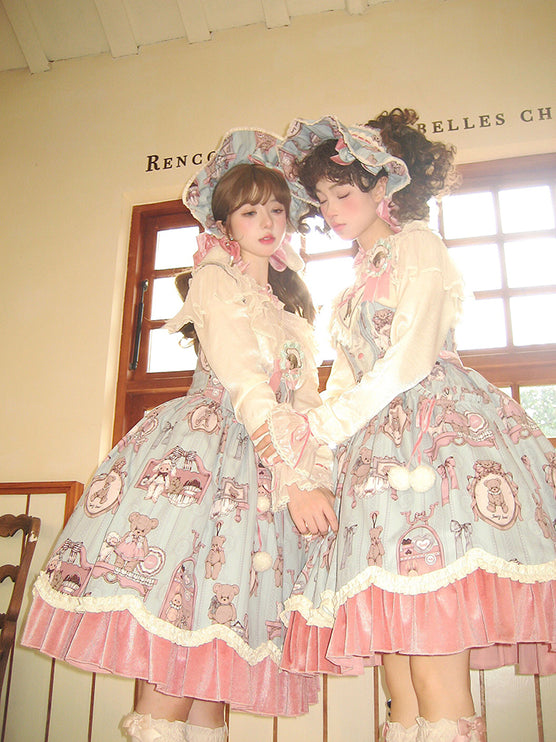 Enchanting Pastel Green Animal Illustration Lolita Jumper Skirt (JSK) Dress