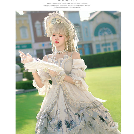 Ethereal Cream Floral Lolita Dress with Puffed Sleeves and Multi-Tiered Skirt