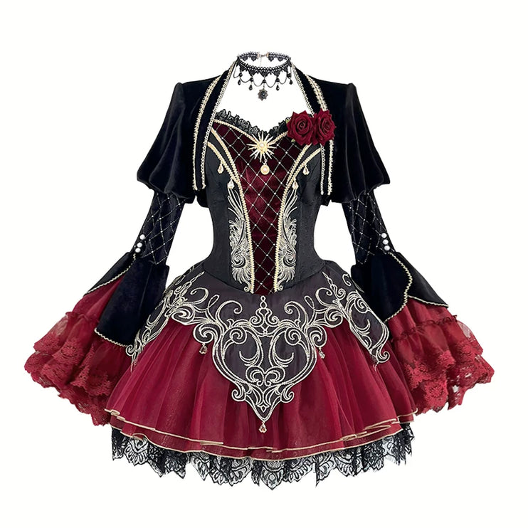 Gothic - Lolita Dress: Red & Black Elegance with Intricate Embroidery and Fluffy Sleeves