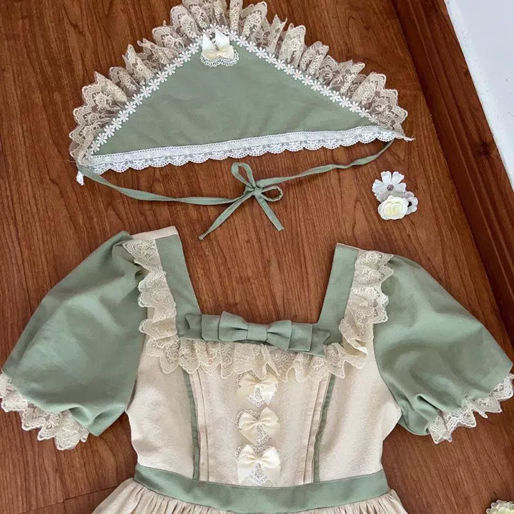 Sage Blossom Lolita Dress - Cottagecore Ruffled OP with Pastel Green Accents