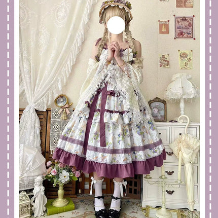Pastel - hued Vintage - inspired Lolita Dress with Delicate Ruffles and Adorable Cartoon Prints