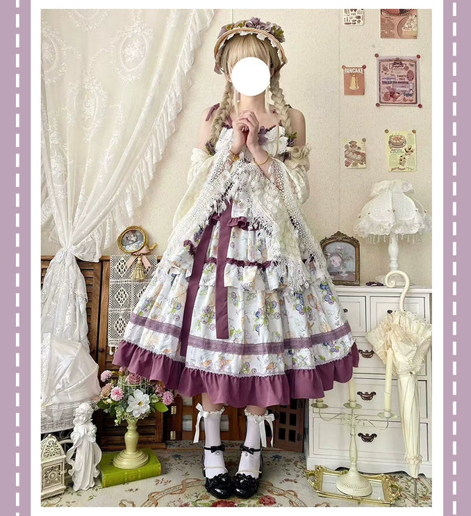 Pastel - hued Vintage - inspired Lolita Dress with Delicate Ruffles and Adorable Cartoon Prints
