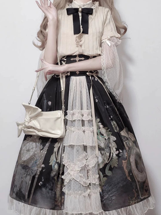 Victorian Gothic Lolita 4-Piece Set, Skirt with Baroque Print and Cross Lace