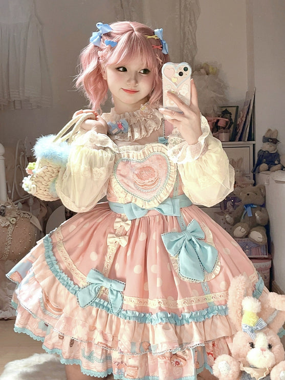 Icing Sweetheart JSK Pastel Tiered Lolita Dress with Lace Trimmings And Big Bow