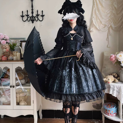 [Silent Night Church] Dark Gothic Elegance Lolita Dress with Lace and Pearl Accents