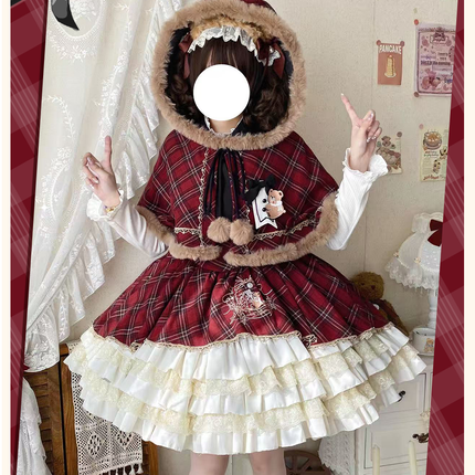 Chestnut Bear Cocoa Lolita Christmas Plaid Cloak JSK — Winter Vibe