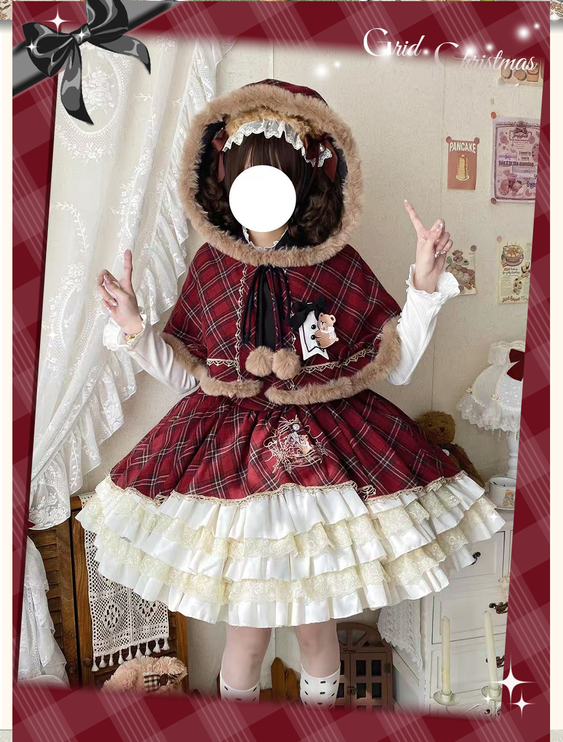 Chestnut Bear Cocoa Lolita Christmas Plaid Cloak JSK — Winter Vibe