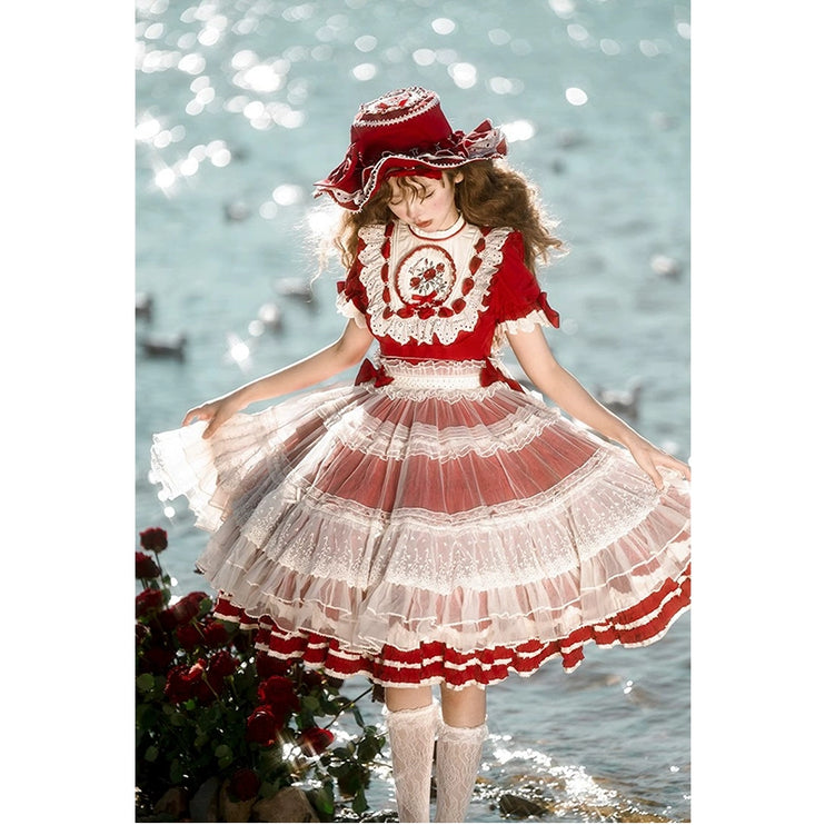 Elegant Country Style Red Lolita OP with Whimsical Embroidery and Ruffled Trims