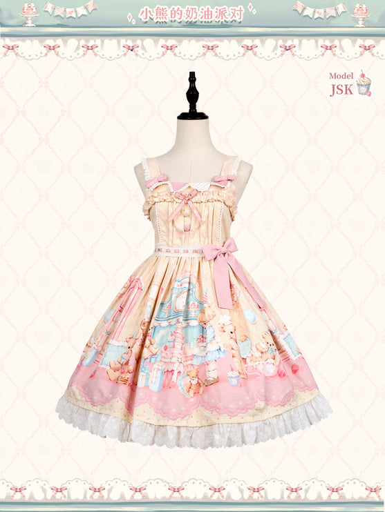 Teddy Bear's Cream Party Sweet Lolita JSK with Lace and Ribbon Accents