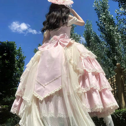 Pink Lolita Maxi Dress with Delicate Lace and Flower Embellishments, Ideal for Tea - Party Occasions