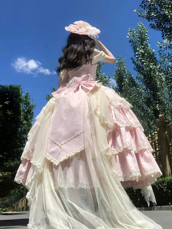 Pink Lolita Maxi Dress with Delicate Lace and Flower Embellishments, Ideal for Tea - Party Occasions