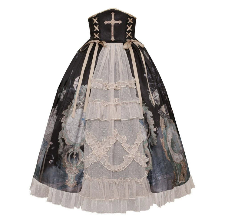 Victorian Gothic Lolita 4-Piece Set, Skirt with Baroque Print and Cross Lace