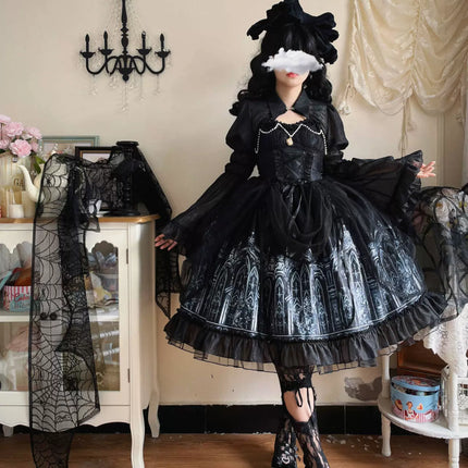 [Silent Night Church] Dark Gothic Elegance Lolita Dress with Lace and Pearl Accents