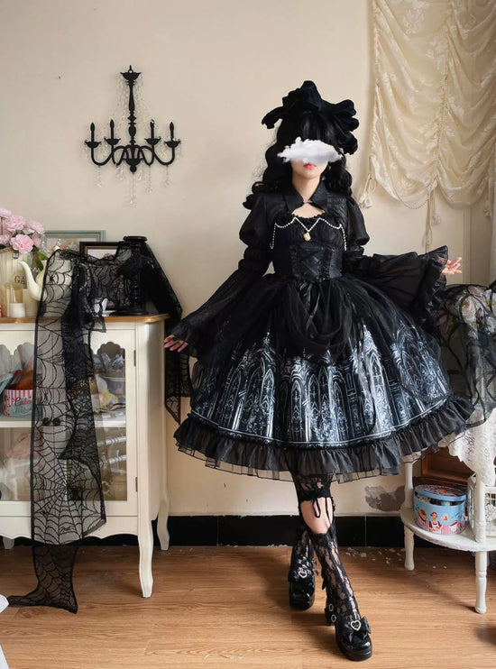 [Silent Night Church] Dark Gothic Elegance Lolita Dress with Lace and Pearl Accents