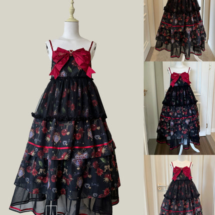 S-2XL Cherry Blossom Delight Lolita Dress – Sweet Vintage Print JSK/OP in Black, Red, Gray & White