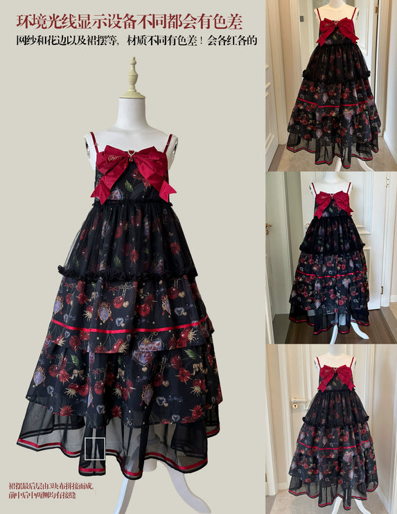 S-2XL Cherry Blossom Delight Lolita Dress – Sweet Vintage Print JSK/OP in Black, Red, Gray & White