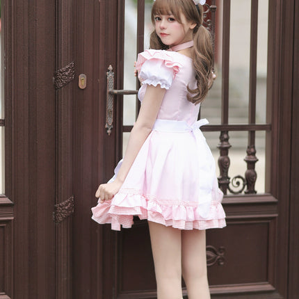 S-XXXXXL Pink Maid Cos Costume with Cat's Paw Apron OP Kitty Lolita Dress