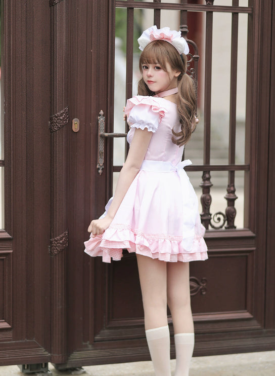 S-XXXXXL Pink Maid Cos Costume with Cat's Paw Apron OP Kitty Lolita Dress