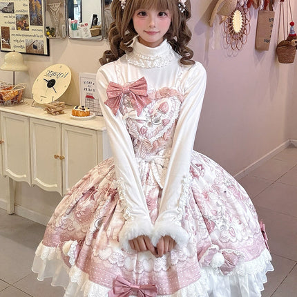 Lolita Capelette Dress Set with Bow - detail and Lace Trim, Pastel Pink and White Color Scheme