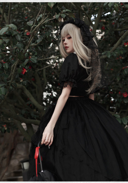 Midnight Rose Gothic Lolita Set - Embroidered Cutout Blouse with Cross and Pearl Accents