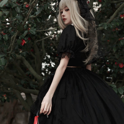 Gothic Black Rose Embroidery Cut-Out Blouse with Asymmetrical Lolita Dress Set